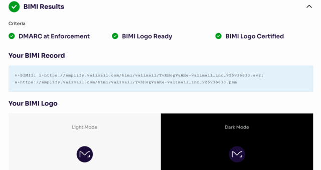 Valimail BIMI checker results example